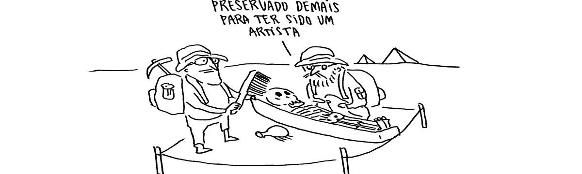 A tira de André Dahmer, publicada em 01.04.2024, tem apenas um quadro. Nele, dois arqueólogos limpam um esqueleto em um sarcófago. Há pirâmides do Egito no fundo. É, portanto, em um campo de pesquisas e escavações no Egito. Olhando o esqueleto, um dos arqueólogos comenta: "Preservado demais para ter sido um artista".