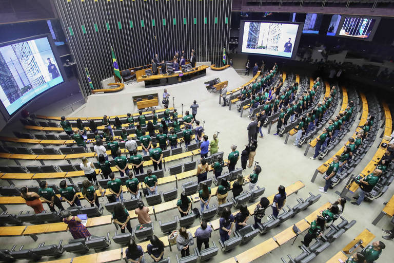 Plenário da Câmara parcialmente ocupado por pessoas com camisas verdes