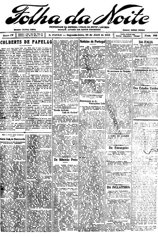 Primeira Página da Folha da Noite de 28 de abril de 1924