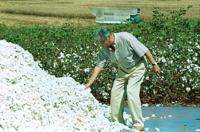 2001 - Fernando Henrique Cardoso, no penúltimo ano de seu segundo mandato, observa algodão colhido na Agrishow