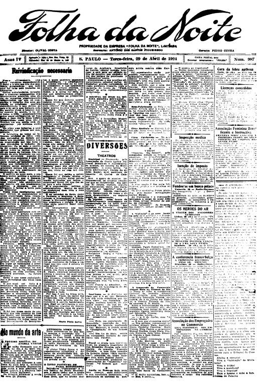 Reprodução da Primeira Página da Folha da Noite de 29 de abril de 1924