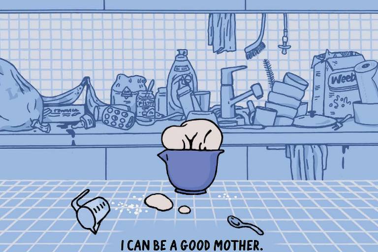"Eu posso ser uma boa mãe", diz a legenda de um dos quadrinhos da finlandesa Anna Harmälä em "Single Mothering"; a legenda está originalmente escrita em inglês (I can be a good mother) à frente de uma pia cheia de louças sujas desenhada pela artista em tons de azul e branco