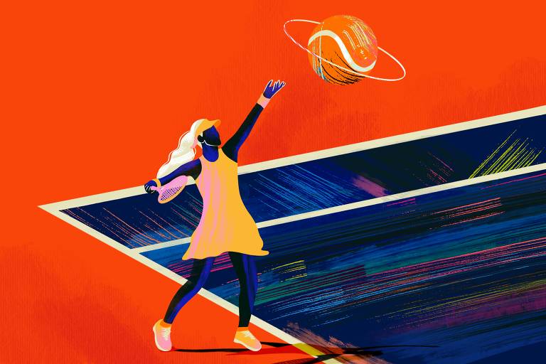arte ilustra uma mulher jogando tênis; a bola é um planeta rodeado por um anel, como saturno