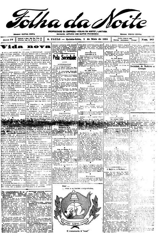 Primeira Página da Folha da Noite de 1º de maio de 1924