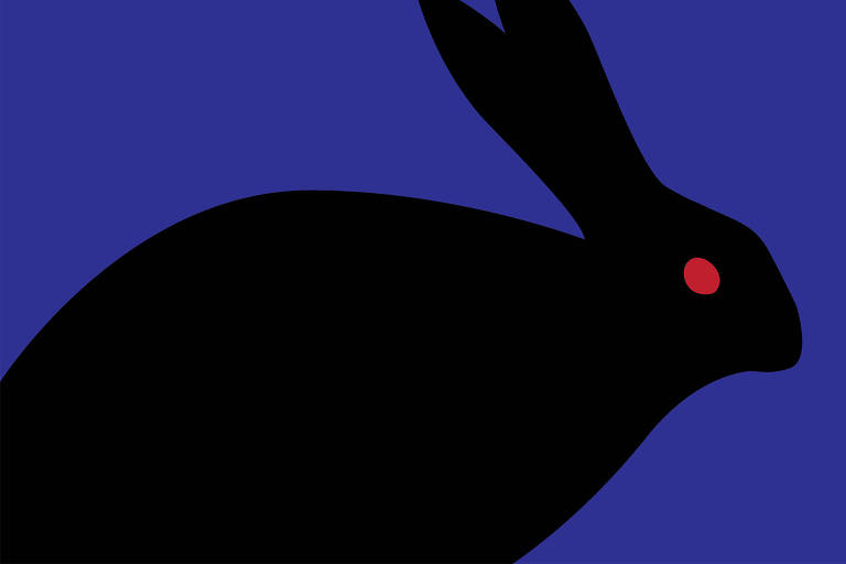 Ilustração colorida de um perfil coelho preto com olho vermelho sobre um fundo azul escuro.