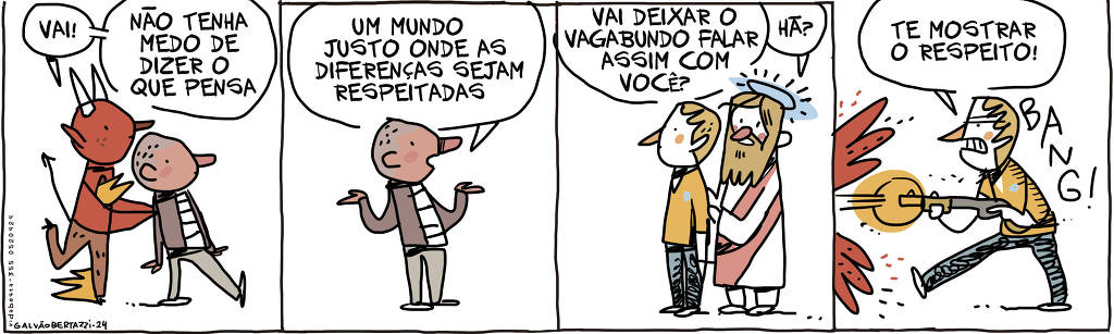 A tira de Galvão Bertazzi se chama Vida Besta e está dividida em quatro quadros. No primeiro quadro o capeta está atrás de um homem. O capeta diz para o homem: Vai! Não tenha medo de dizer o que pensa. No segundo quadro, o homem diz: Um mundo justo onde as diferenças sejam respeitadas. No terceiro quadro Jesus está atrás de outro homem. Jesus diz: Vai deixar o vagabundo falar assim com você? Hã? No quarto quadro o outro homem está atirando com uma espingarda. Sangue pra todo lado. Ele diz: Te mostrar o respeito! BANG!