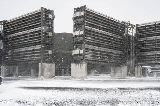 Mammoth, a giant machine at the Climeworks plant in Hellisheidi, Iceland, that will pull planet-warming carbon dioxide out of the air, on March 29, 2024. (Francesca Jones/The New York Times)