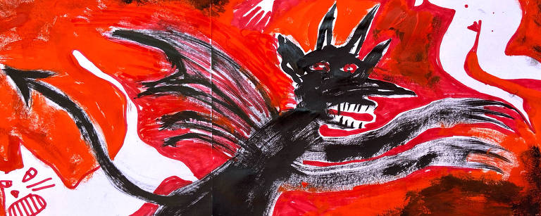 A ilustração é feita toda em preto e vermelho com pinceladas agressivas. Ao centro um diabo alado, preto com olhos vermelhos estende os braços para a direita. À sua direita um corpo de mulher nua e a sua esquerda há um gato com dentes à mostra. 