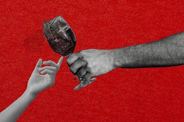 Uma mão de adulto oferecendo uma taça de vinho a uma mão jovem, posicionadas de maneira a fazer referência ao quadro 'A Criação de Adão' de Michelangelo

