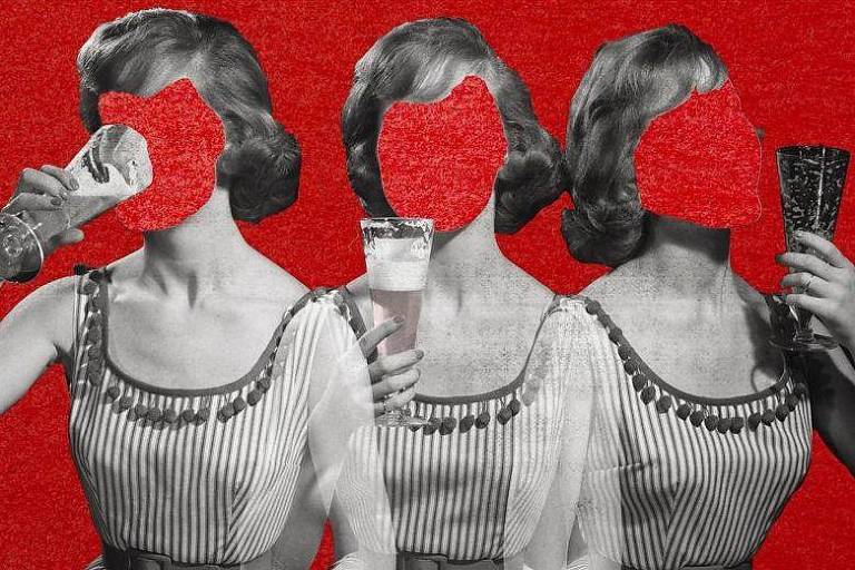 Colagem mostra três mulheres jovens sem rosto bebendo
