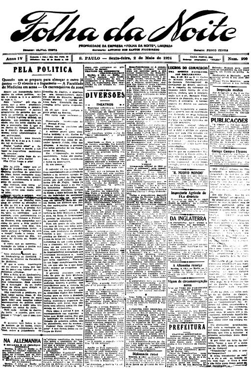 Primeira Página da Folha da Noite de 2 de maio de 1924