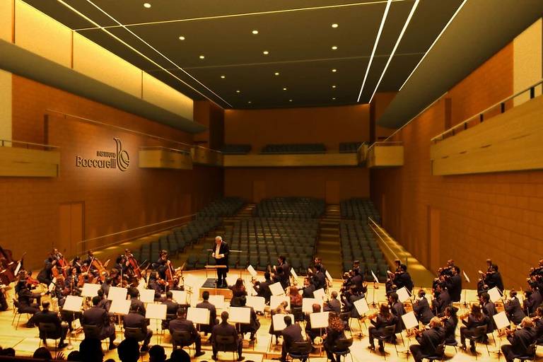 Plateia e orquestra do Teatro Baccarelli, da Orquestra Sinfônica de Heliópolis