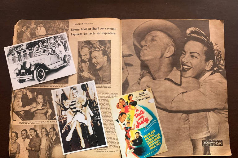 Reportagem de O Cruzeiro, de 1955, com a última foto de Carmen (abraçada a Jimmy Durante), e postais modernos sobre ela