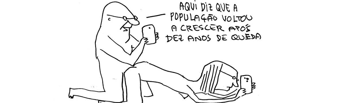 A tira de André Dahmer, publicada em 08.04.2024, tem apenas um quadro. Nele, um casal faz sexo enquanto olham telefones. O homem fala: "Aqui diz que a população voltou a crescer após dez anos de queda".