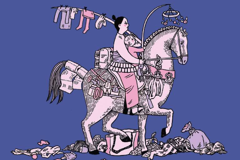 Desenho de uma mulher montada num cavalo com um bebê, segurado uma espada cheia de roupas penduradas como se fosse um varal e bagunça espalhada aos pés do cavalo