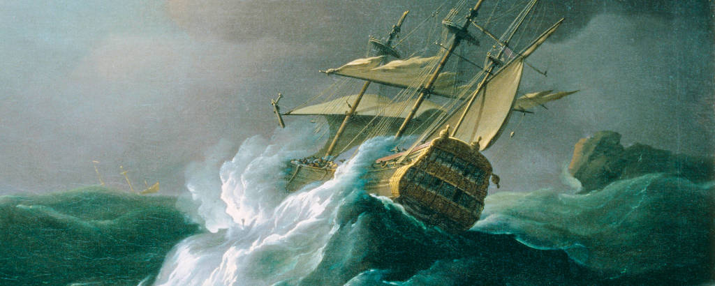 pintura de navio antigo inclinado pela força das ondas brutais do mar contra céu cor de chumbo