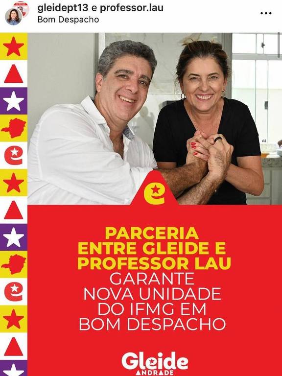 A tesoureira do PT, Gleide Andrade, ao lado do pré-candidato a prefeito de Bom Despacho, Professor Lau