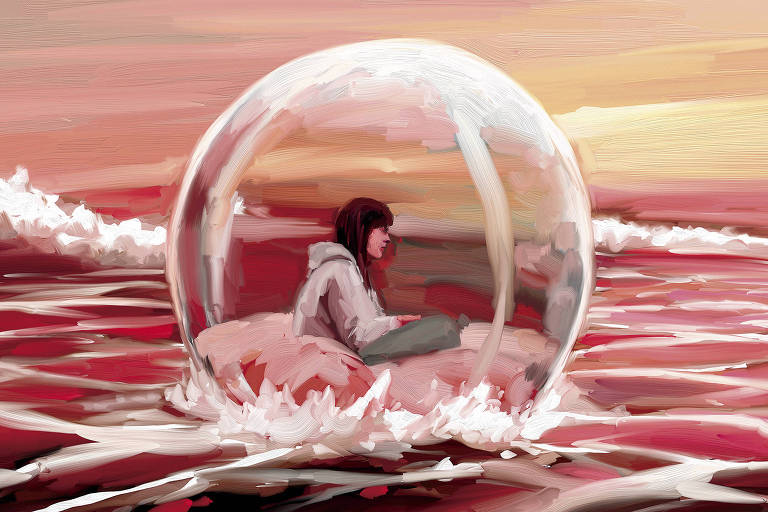 A ilustração de Adams Carvalho, publicada na Folha de São Paulo no dia 07 de Abril de 2024, mostra o desenho de uma pessoa sentada em um puff dentro de uma bolha navegando no mar.