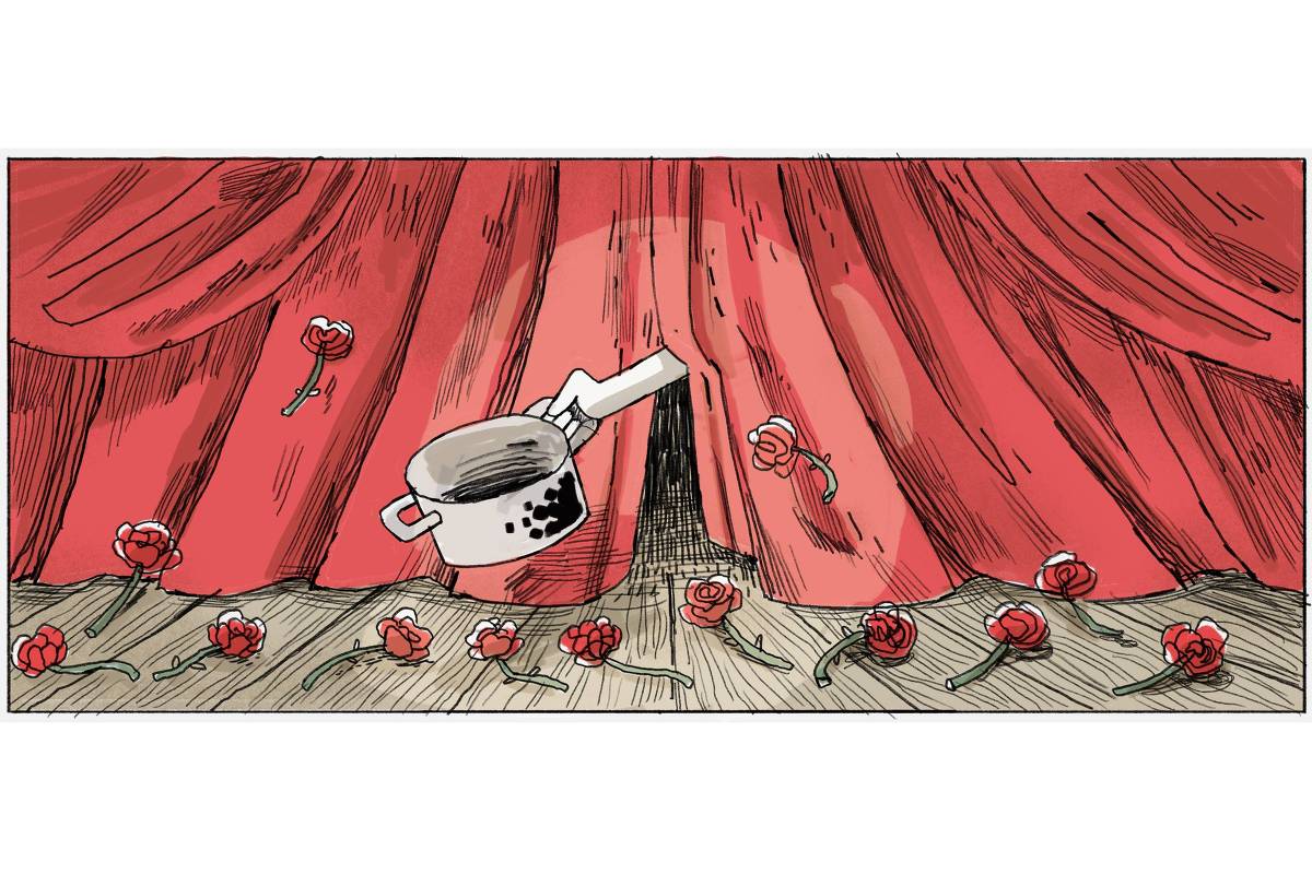 A charge de João Montanaro mostra um palco de madeira, com o chão coberto com rosas vermelhas. A cortina, também vermelha, está fechada e, por uma fresta uma mão segura a panela característica do personagem O Menino Maluquinho