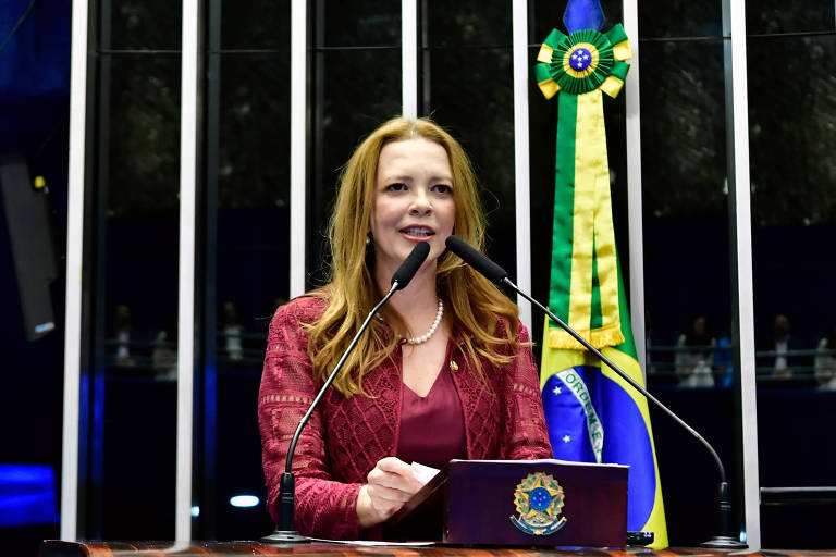 Mulher de pele branco, cabelos castanhos claros, blusa vermelha, em posição de discurso em tribuna. Ela está em p diante de dois microfones. Atrás, a bandeira do Brasil
