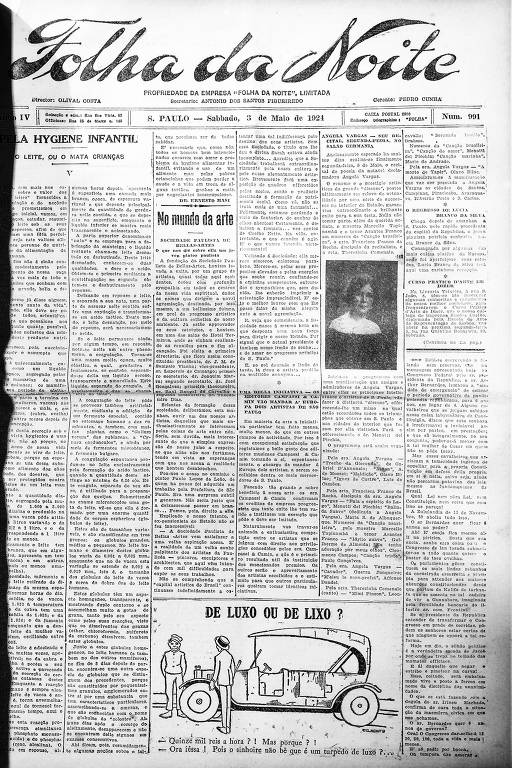 Primeira Página da Folha da Noite de 3 de maio de 1924