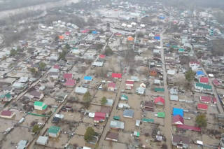 An aerial view shows flooded area in Orenburg
