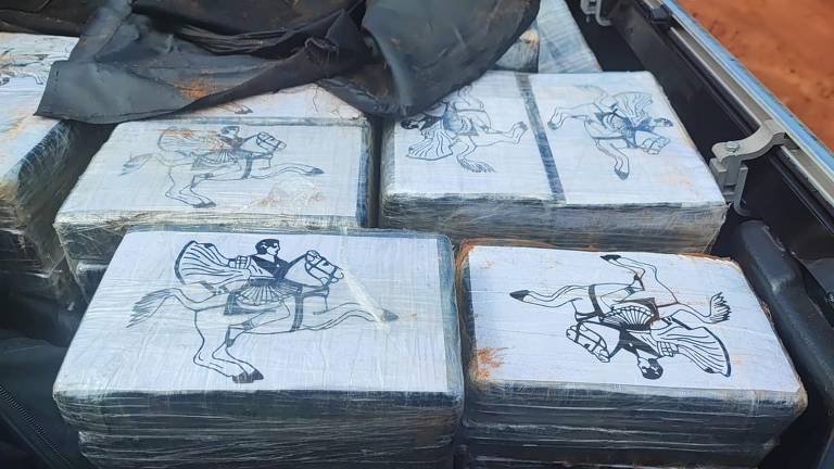 Vários pacotes de drogas retirados da aeronave derrubada por caça da FAB nesta terça-feira (9), nas proximidades de Santa Cruz do Rio Pardo (SP)