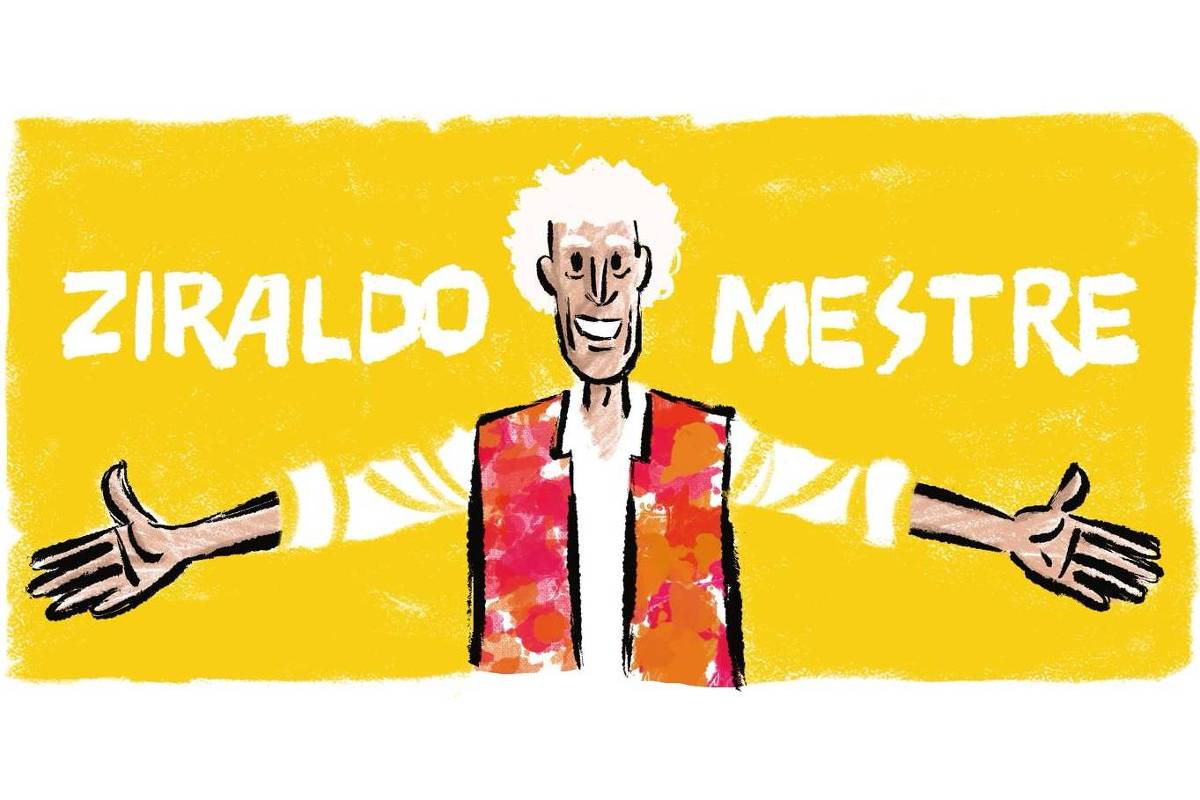 A charge mostra o cartunista Ziraldo sorrindo, de braços abertos, vestindo uma blusa branca e colete avermelhado na frente de um fundo amarelo que lê-se: Ziraldo mestre.