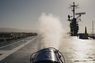 A spraying machine designed for cloud brightening on the flight deck of the Hornet, a decommissioned aircraft carrier that is now a museum in Alameda, Calif., on April 2, 2024. (Ian C. Bates/The New York Times)