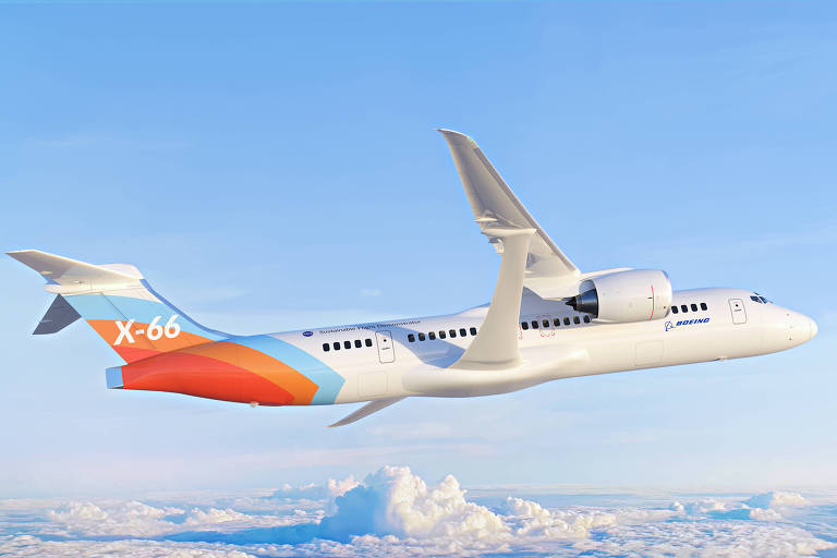Imagem mostra avião voando. Ele é branco com listras azul e laranja. A asa tem um suporte.