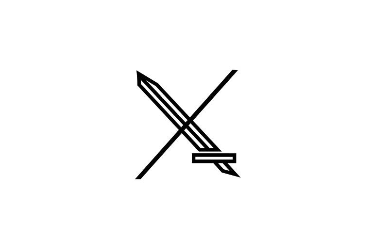 A ilustração mostra um ícone preto e branco de um X com uma espada e um traço.