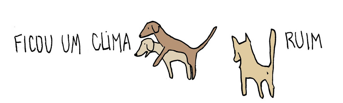 A tira de André Dahmer, publicada em 12.04.2024, tem apenas um quadro. Nele, há dois cachorros fornicando. Um terceiro assiste a tudo. Uma legenda diz: "Ficou um clima ruim".