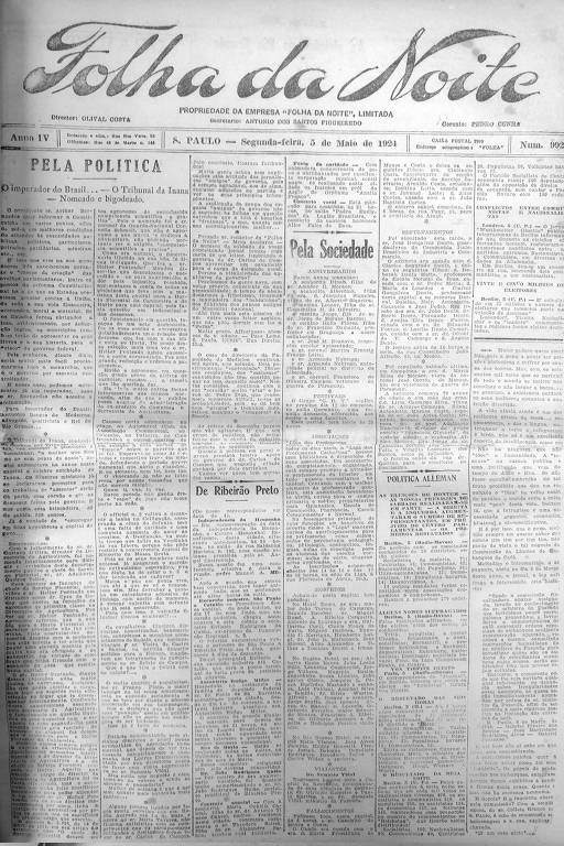 Primeira Página da Folha da Noite de 5 de maio de 1924