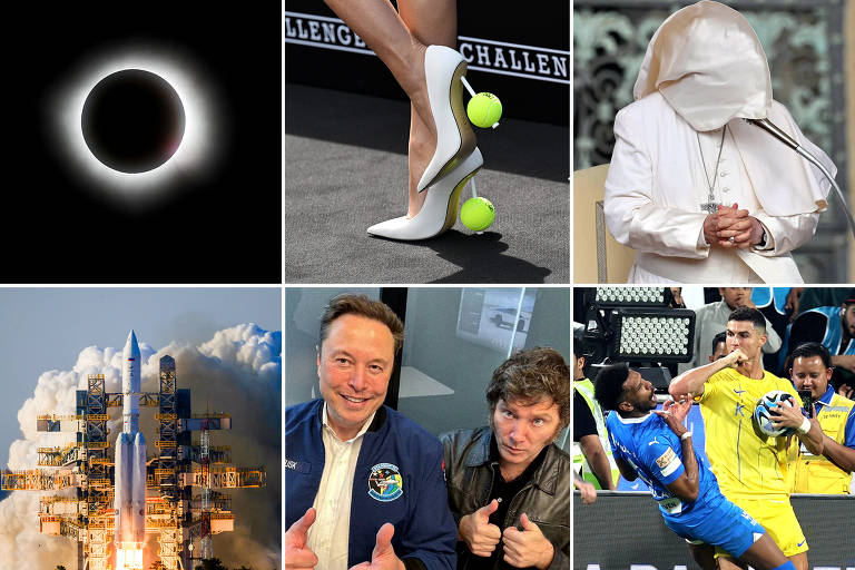 O mundo em 15 fotos; Eclipse solar, Elon Musk e Xavier Milei, foguete Angara A5 na Rússia