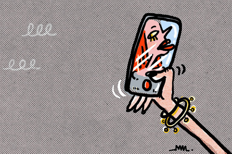 Na ilustração de Marcelo Martinez, uma mão de mulher, em primeiro plano, segura um celular. Na tela do aparelho está seu rosto, olhando de lado para fazer a selfie.