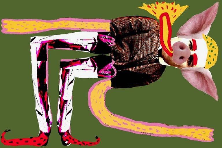 Colagem que mistura ilustração e fotografia, na qual um homem tem grandes orelhas e fucinho de porco e veste terno marrom, calças brancas e sapatos vermelhos.