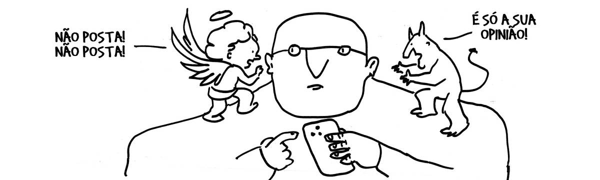 A tira de André Dahmer, publicada em 11.04.2024, tem apenas um quadro. Nele, um homem segura um aparelho celular. Em seus ombros há um anjo e um diabo, uma de cada lado. O anjo diz: "Não posta! Não posta!". O diabo, no outro ombro, fala: "É só a sua opinião!"