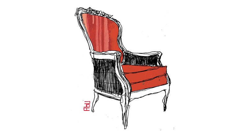 Cadeira estofada estilo século XIX vazia no meio da cena. Textura de sangue escorrendo decora o estofado.
