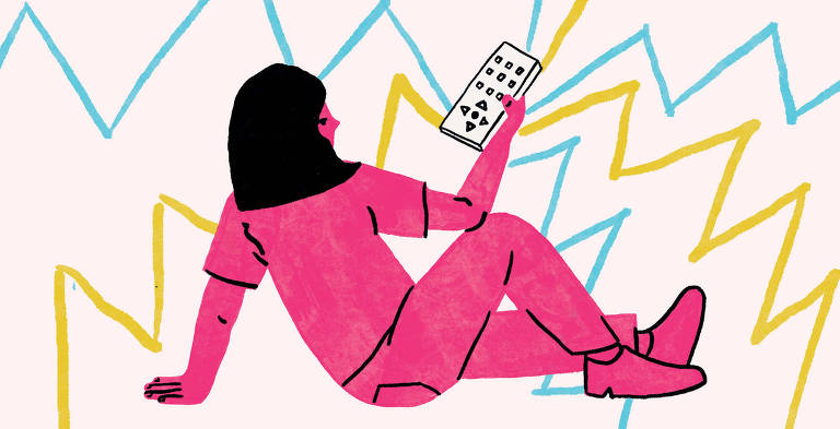 ilustração de uma mulher com roupa cor de rosa segurando um controle remoto