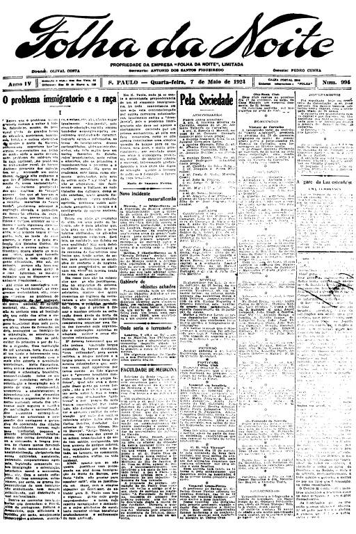Primeira Página da Folha da Noite de 7 de maio de 1924