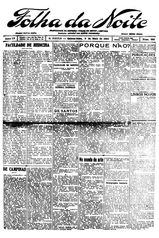 Primeira Página da Folha da Noite de 8 de maio de 1924