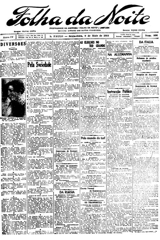 Primeira Página da Folha da Noite de 9 de maio de 1924