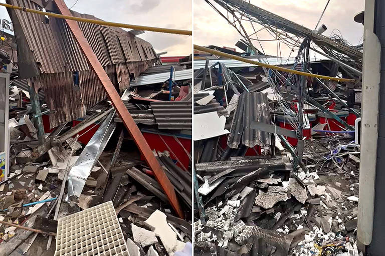 Imagens mostram a destruição do Vencedor Atacadista, em Diadema (SP), que teve parte do seu telhado destruída em um desabamento na tarde desta segunda-feira (15)