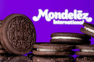FILE PHOTO: Oreo biscuits are seen displayed displayed in front of Mondelez International logo in this illustration picture