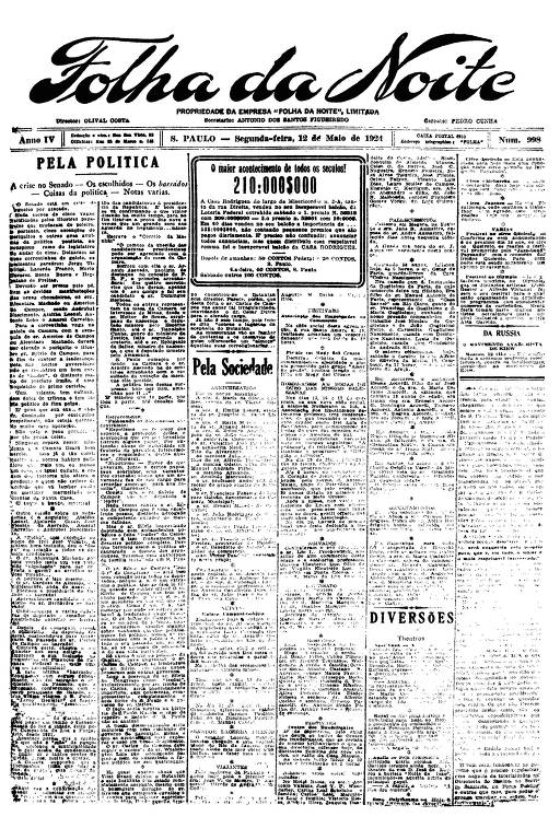 Primeira Página da Folha da Noite de 12 maio de 1924