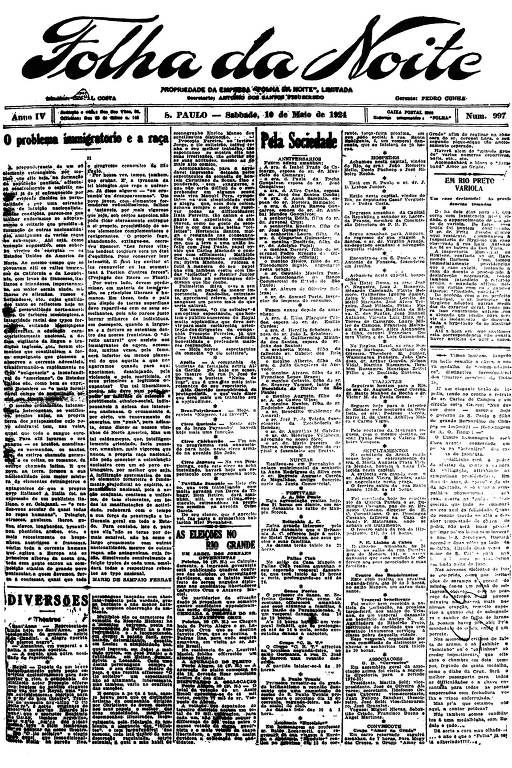Primeira Página da Folha da Noite de 10 de maio de 1924