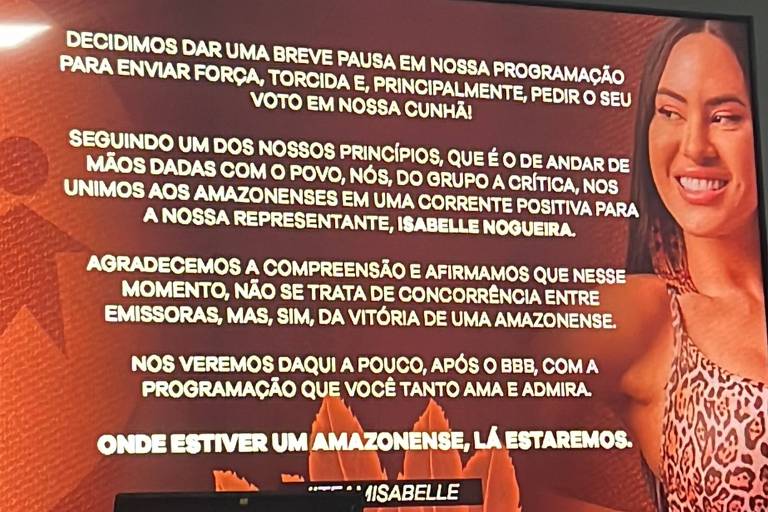 Canal do Amazonas interrompe sinal em apoio a Isabelle