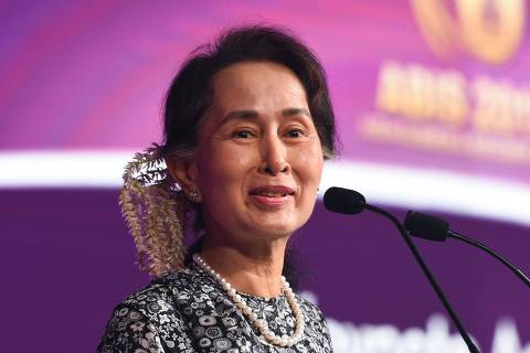 (FILES) Myanmar State Counsellor Aung San Suu Kyi speaks at a business forum on the sidelines of the 33rd Association of Southeast Asian Nations (ASEAN) summit in Singapore on November 12, 2018. Ousted Myanmar democracy figurehead Aung San Suu Kyi is in 