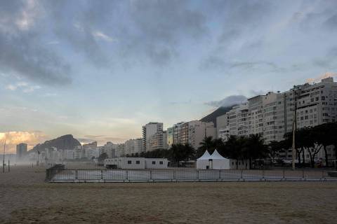 General view of Copacabana beach where the stage for the show of US pop star Madonna is being set up in Rio de Janeiro, Brazil, on April 12, 2024. Madonna will perform a free mega-concert on May 4th, on Rio de Janeiro's Copacabana beach to close out her 