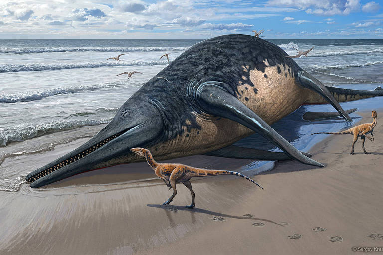 Reconstrução do fóssil Ichthyotitan severnensis em uma praia jurássica na região de Somerset, na Inglaterra